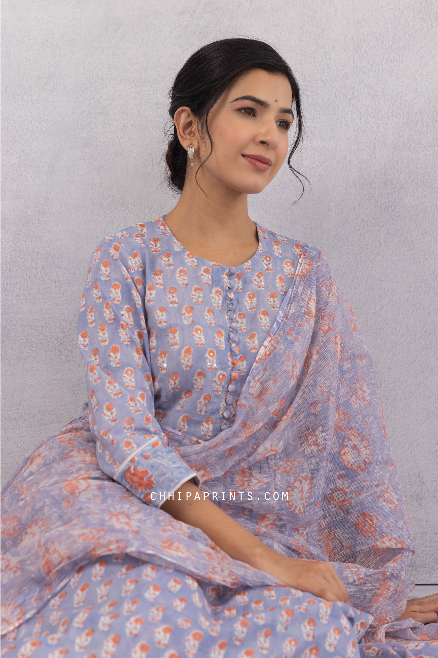 Cotton Block Print Flared Long Kurta Set in Shades of Muted Purple & Peach