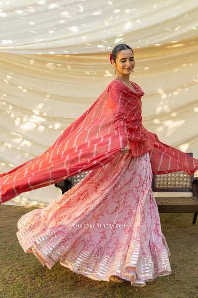 Cotton Jaal Print Kalidar Lehenga Choli Set in Mauve Red