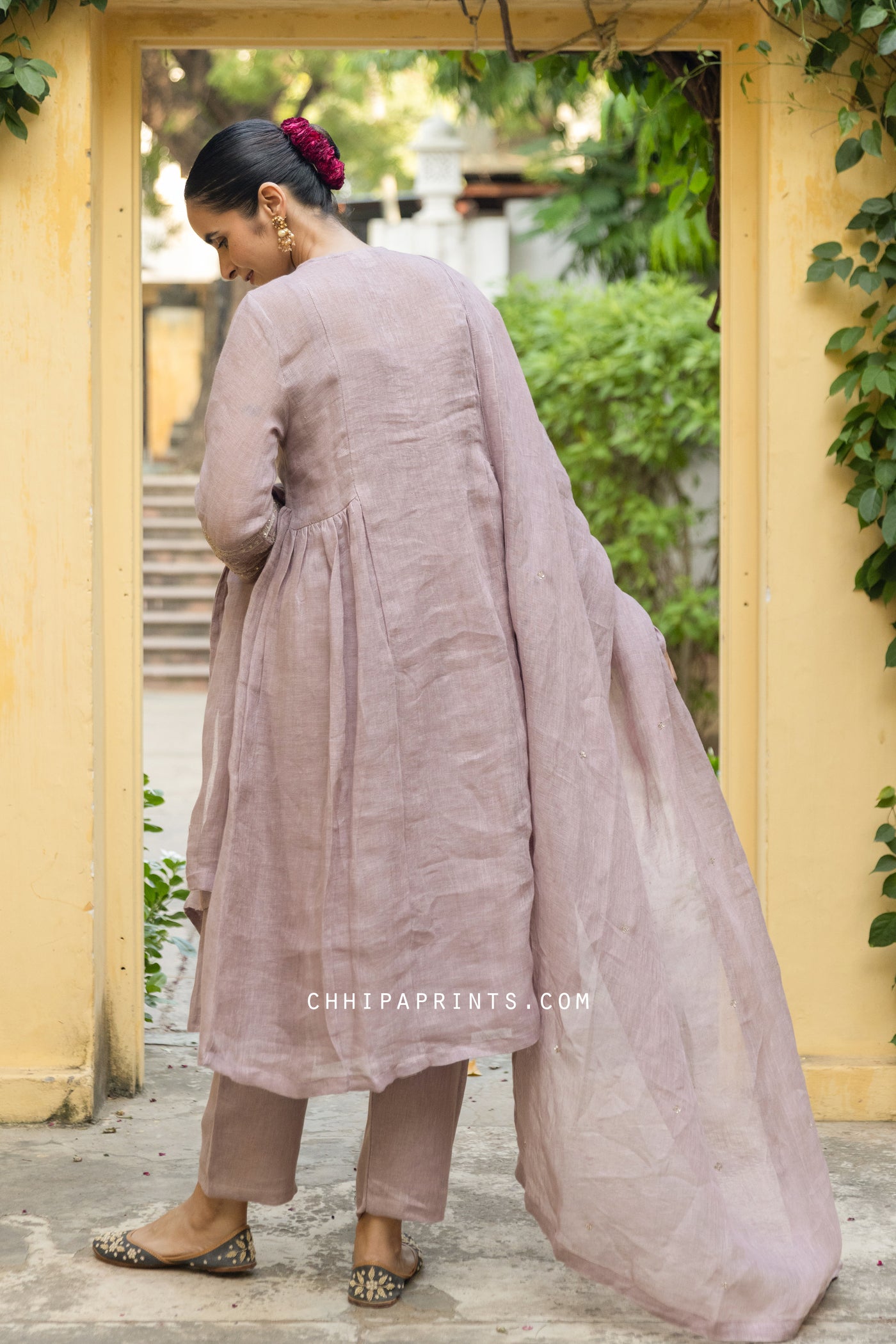 Linen Gauze Hand Embroidered A line Gather Kurta Set in Lavender Frost