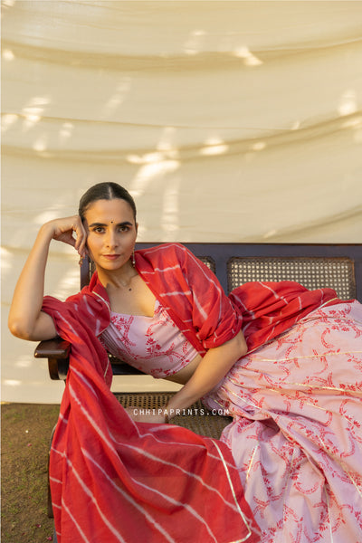 Cotton Jaal Print Kalidar Lehenga Choli Set in Mauve Red