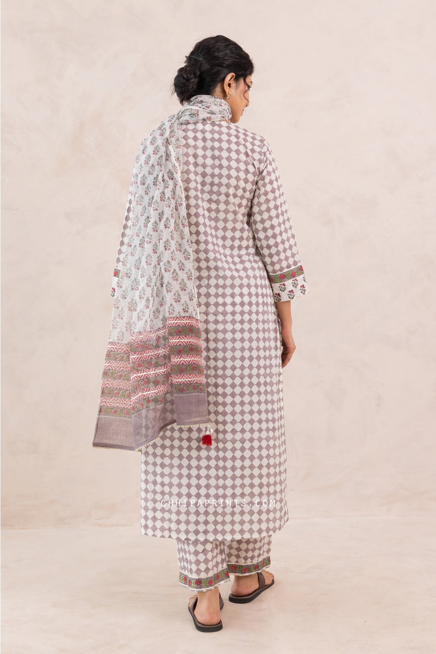 Cotton Block Print Checks Front Gather Kurta Set in Grey