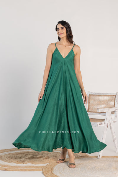 Raw Silk V Neck Strappy Dress in Solid Emerald