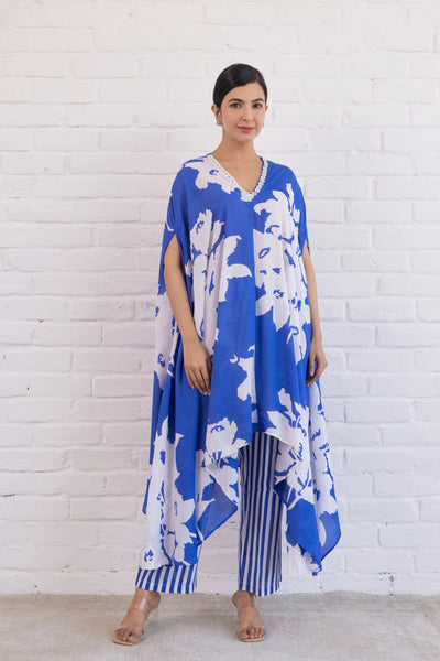 Cotton Hand Printed Asymmetrical Kaftan and Pant Co Ord Set in Royal Blue