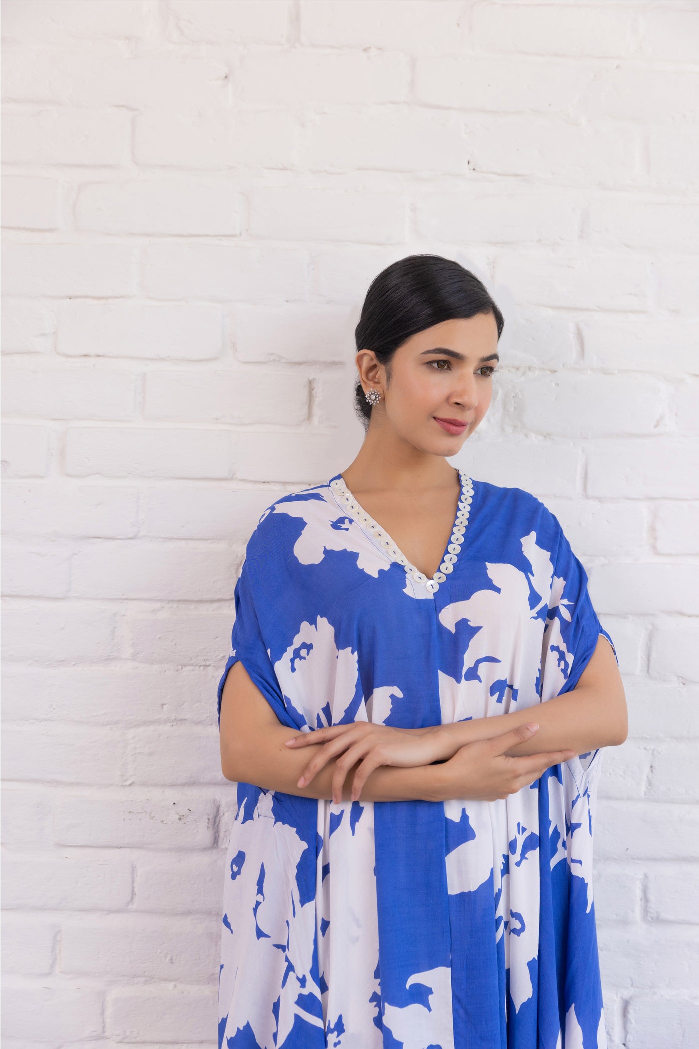 Cotton Hand Printed Asymmetrical Kaftan and Pant Co Ord Set in Royal Blue