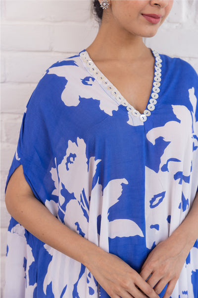 Cotton Hand Printed Asymmetrical Kaftan and Pant Co Ord Set in Royal Blue