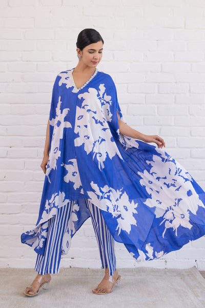 Cotton Hand Printed Asymmetrical Kaftan and Pant Co Ord Set in Royal Blue