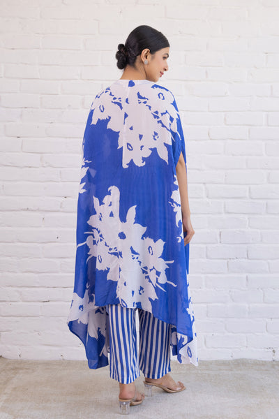 Cotton Hand Printed Asymmetrical Kaftan and Pant Co Ord Set in Royal Blue