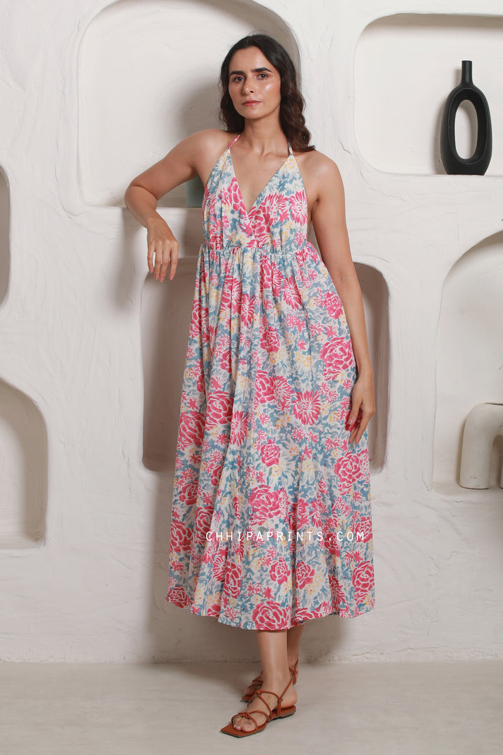 Cotton Hand Block Floral Print Maxi Dress In Shades Of Pink And Blue S