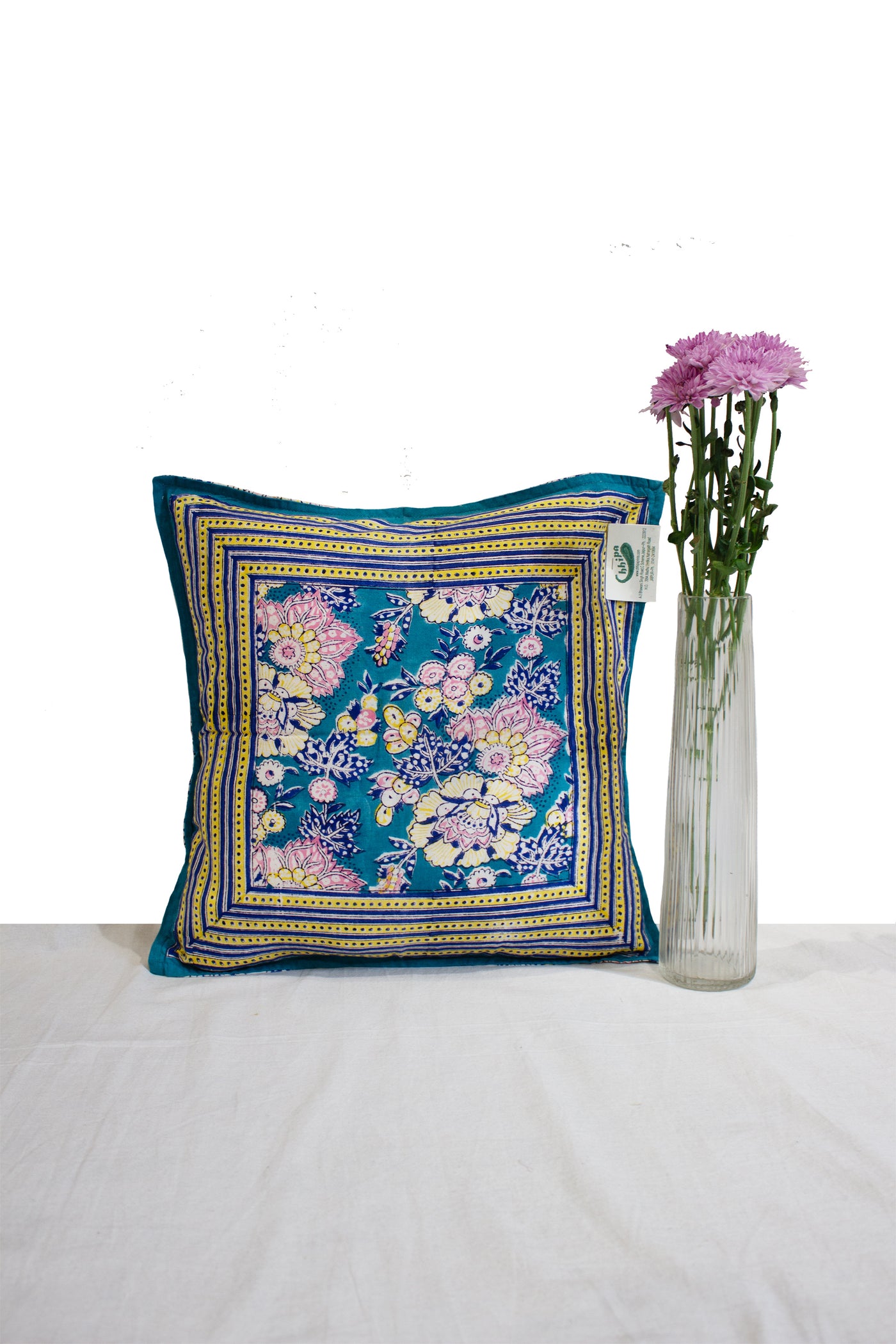 Cotton Flower Buta Block Printed Cushion Cover in Sea Green