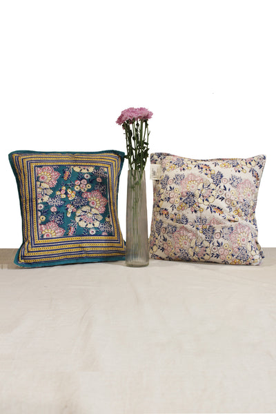 Cotton Flower Buta Block Printed Cushion Cover in Sea Green