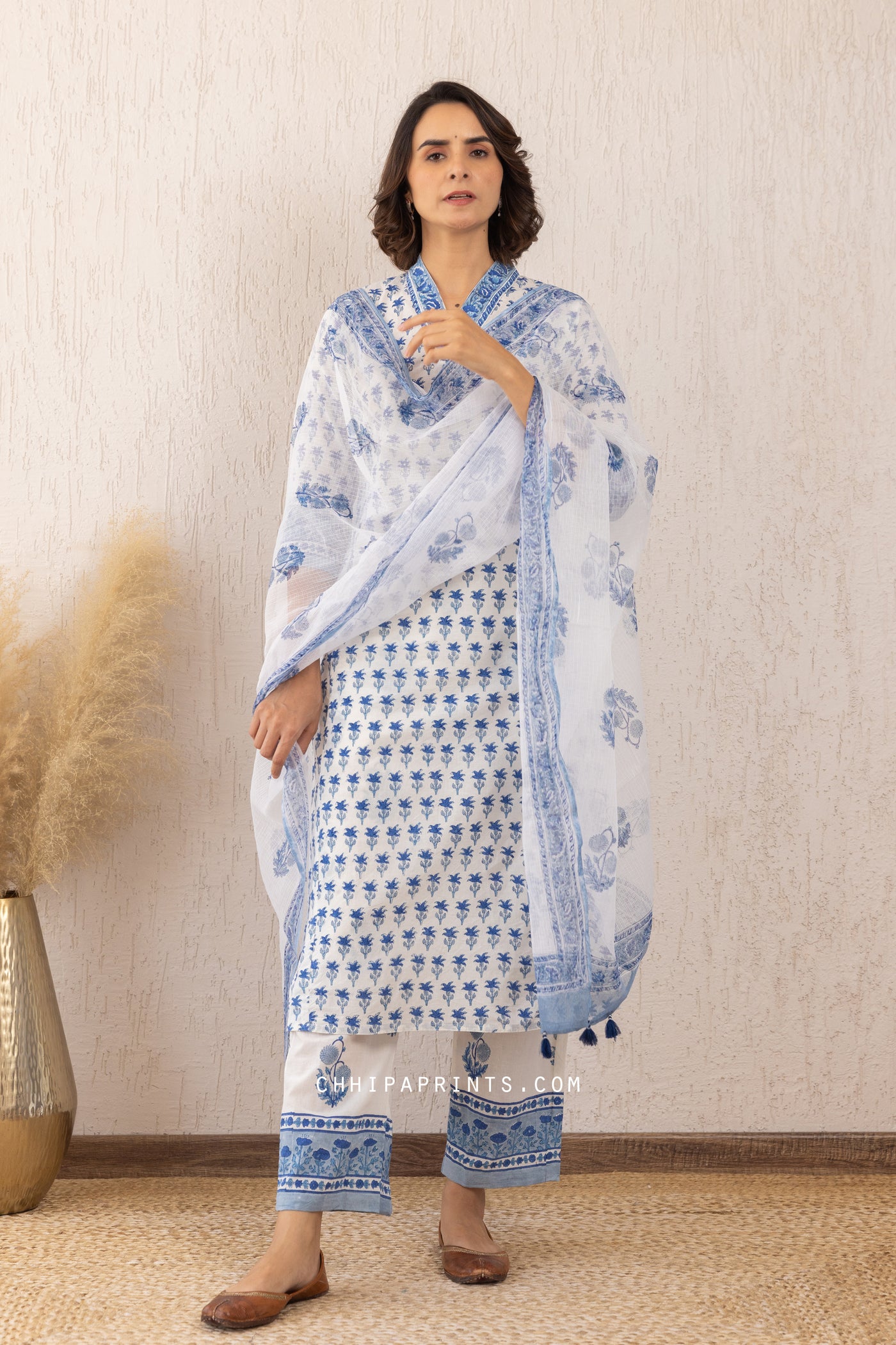 Cotton Block Print Palm Buti Kurta Set in Shades of Blue