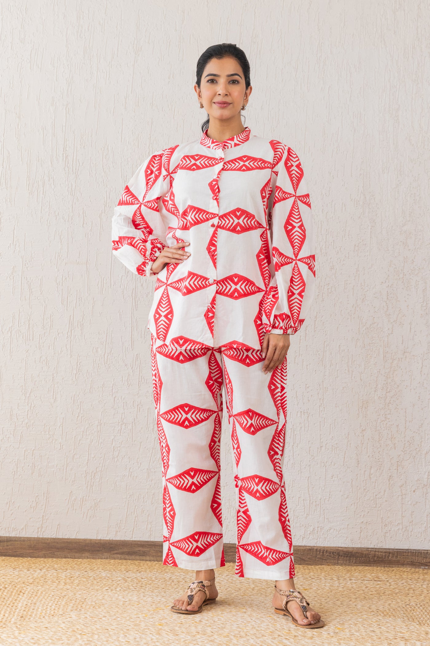 Cotton Star Block Print Relax Shirt & Pants Co Ord Set in Red