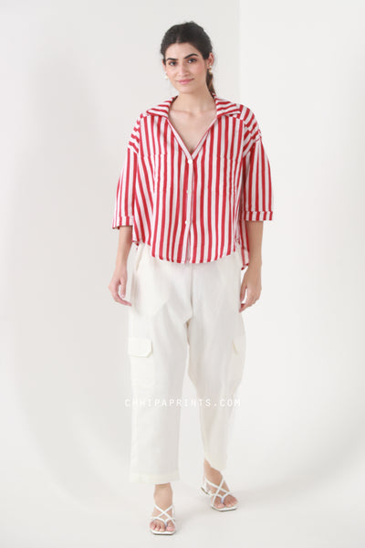 Cotton Stripes Print Relax Fit Shirt in Chinese Red