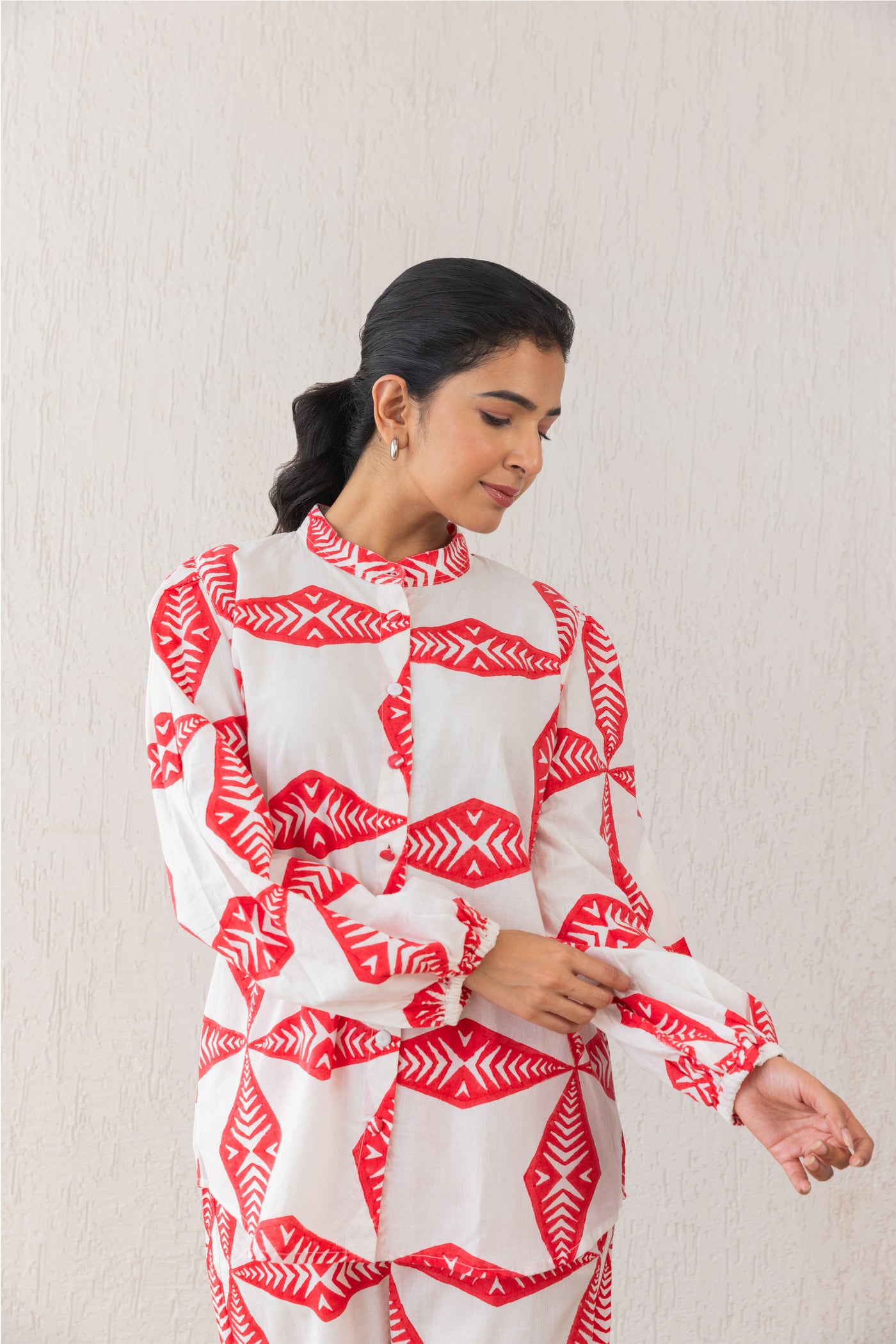 Cotton Star Block Print Relax Shirt & Pants Co Ord Set in Red