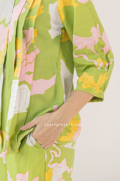 Cotton Abstract Print Tucks Co Ord Set In Lime Green