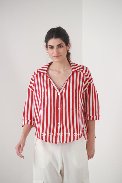 Cotton Stripes Print Relax Fit Shirt in Chinese Red