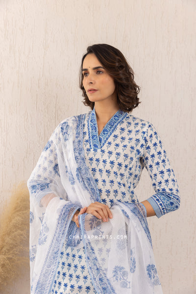 Cotton Block Print Palm Buti Kurta Set in Shades of Blue