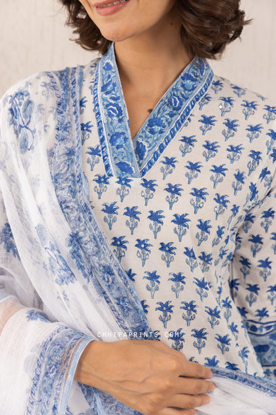 Cotton Block Print Palm Buti Kurta Set in Shades of Blue