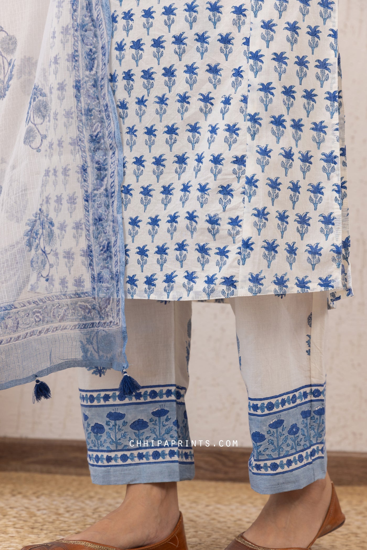 Cotton Block Print Palm Buti Kurta Set in Shades of Blue