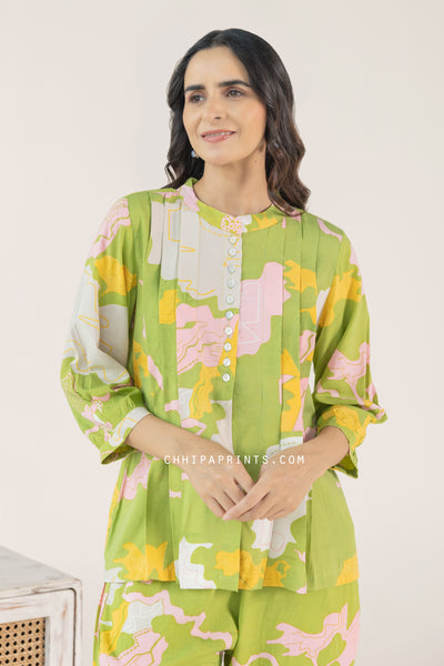 Cotton Abstract Print Tucks Co Ord Set In Lime Green