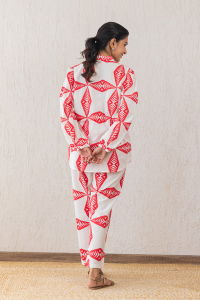 Cotton Star Block Print Relax Shirt & Pants Co Ord Set in Red