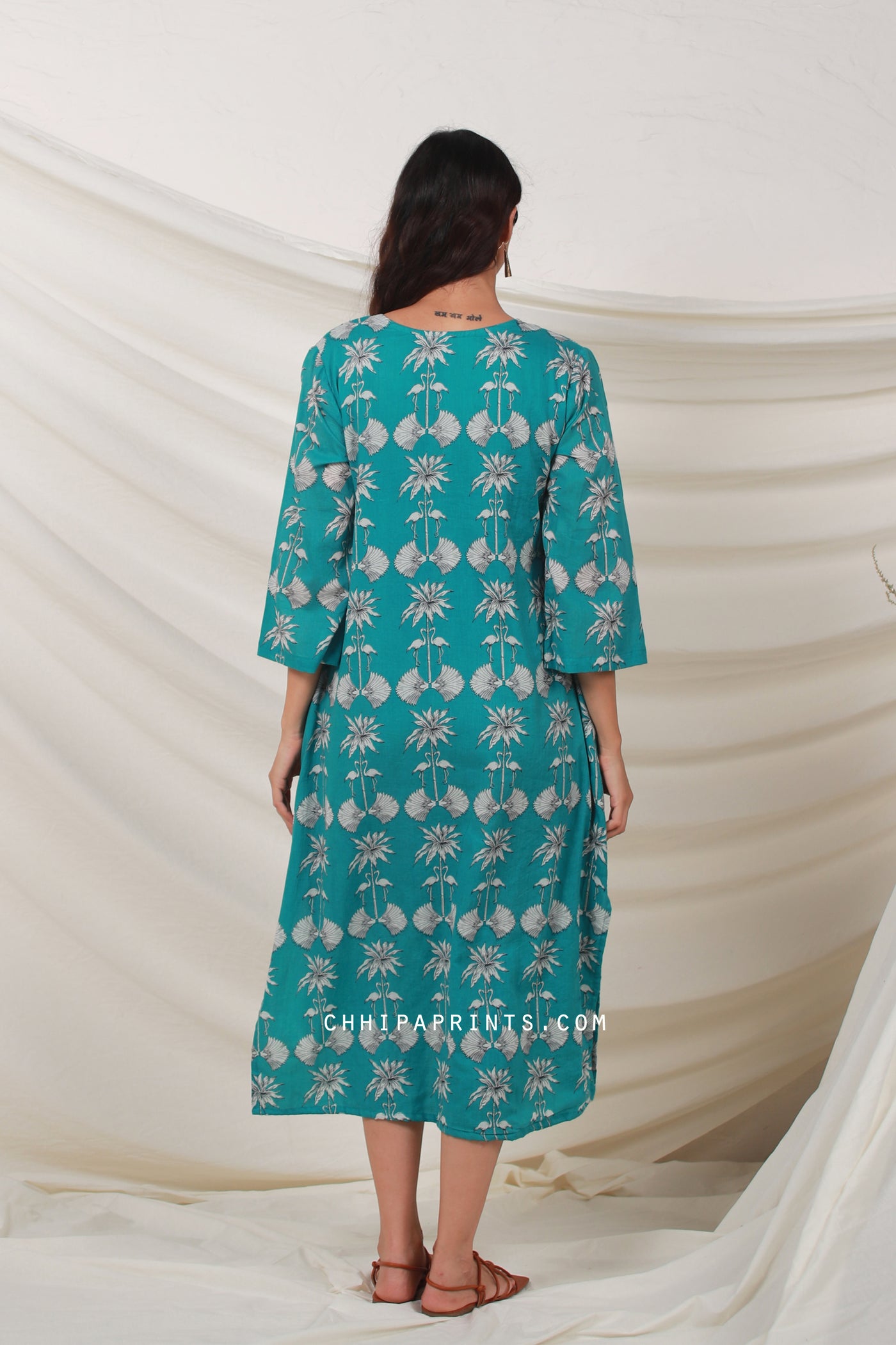 Cotton Bird Print Tunic Midi Dress in Persian Green ChhipaPrints Cotton Bird Print Tunic Midi Dress in Persian Green ChhipaPrints
