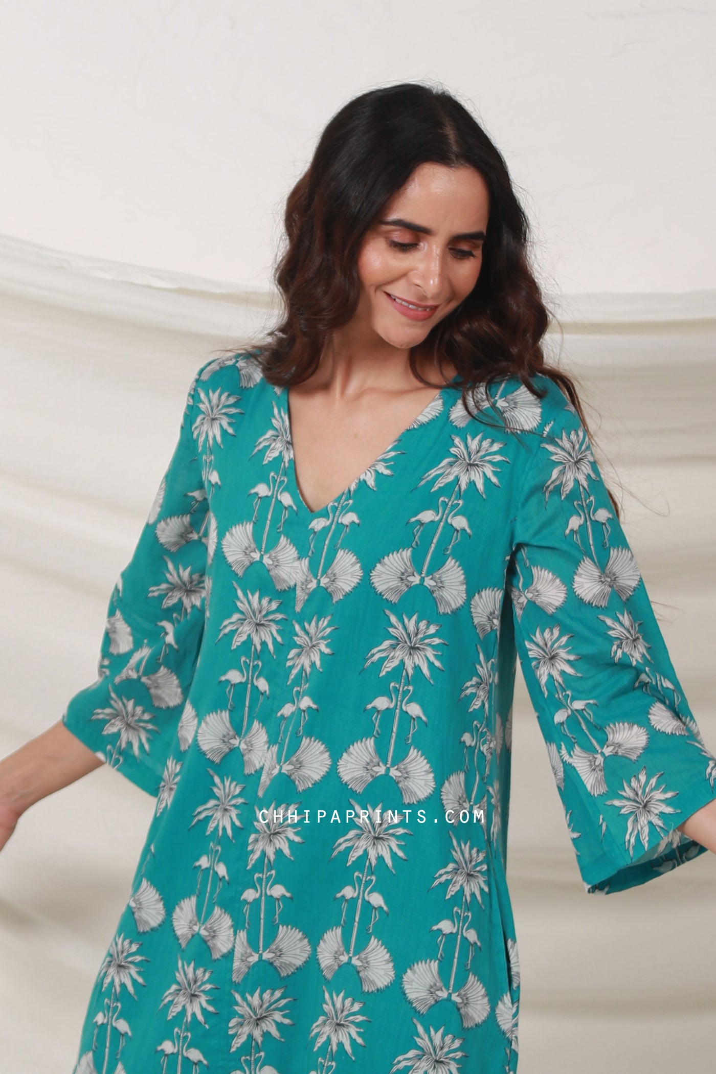 Cotton Bird Print Tunic Midi Dress in Persian Green ChhipaPrints Cotton Bird Print Tunic Midi Dress in Persian Green ChhipaPrints