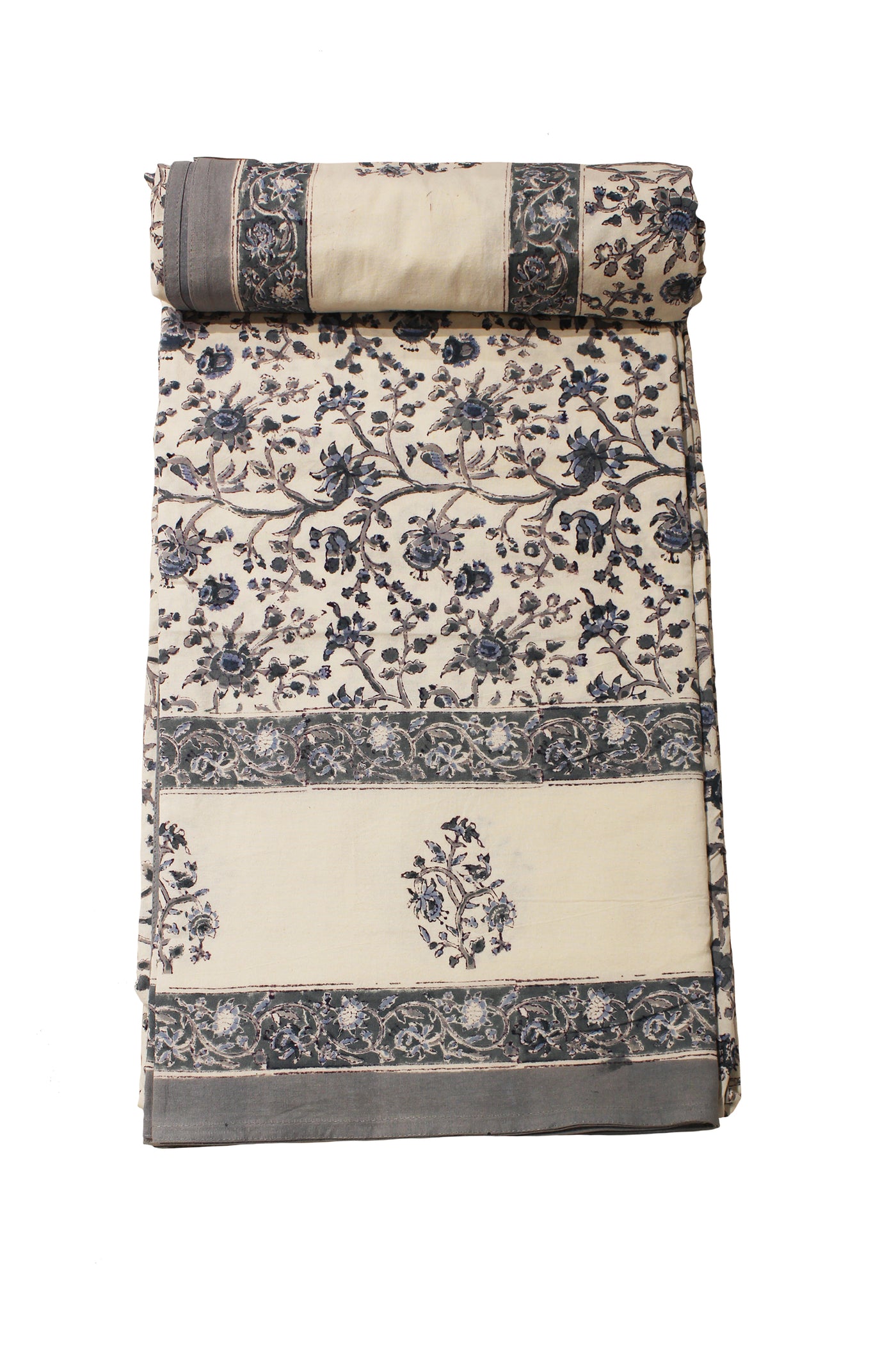 Cotton Flower Buta Block Print Bed Sheet in Shade of  Gray