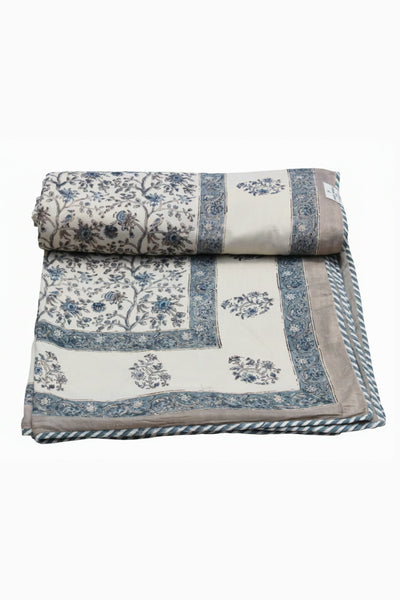 Cotton Flower Jaal Hand Block Print Dohar in Gray