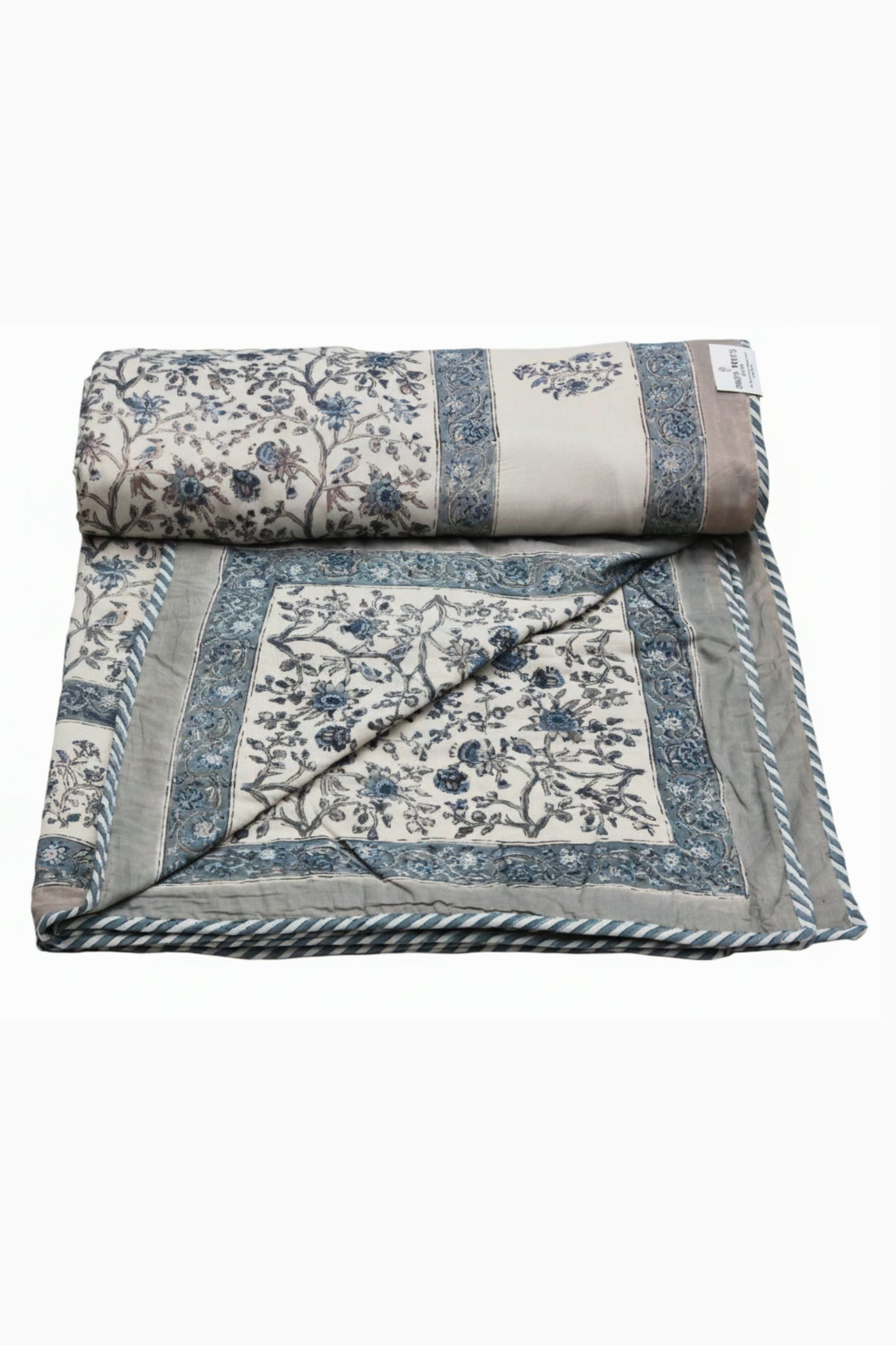 Cotton Flower Jaal Hand Block Print Dohar in Gray