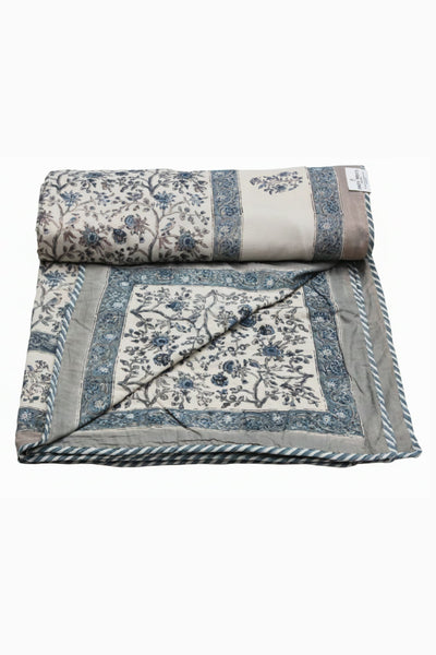 Cotton Flower Jaal Hand Block Print Dohar in Gray