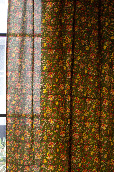 Cotton Jaal Block Print Curtain in Green