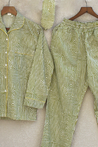 Cotton Printed Night Suit with Eye Mask in Green