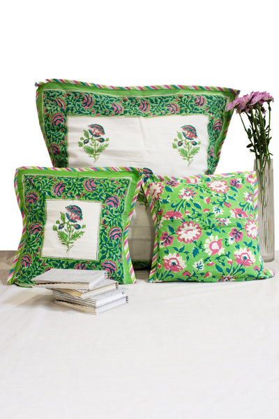 Cotton Flower Buta Hand Block Print Cushion Cover in Forest Green