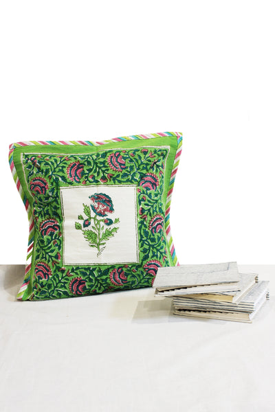 Cotton Flower Buta Hand Block Print Cushion Cover in Forest Green