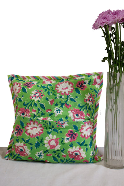 Cotton Flower Buta Hand Block Print Cushion Cover in Forest Green