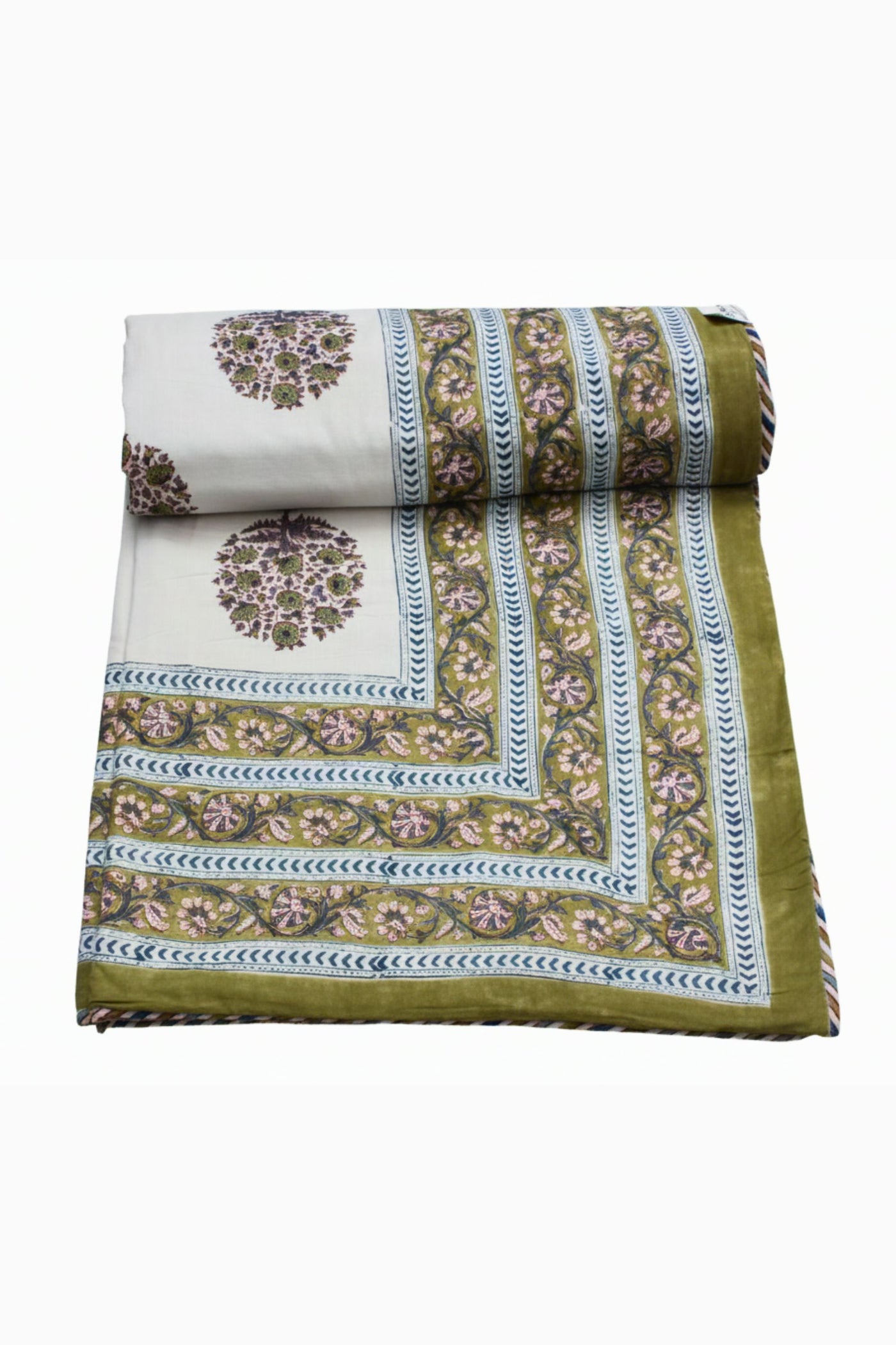 Cotton Big Buta Hand Block Print Dohar in Olive Green