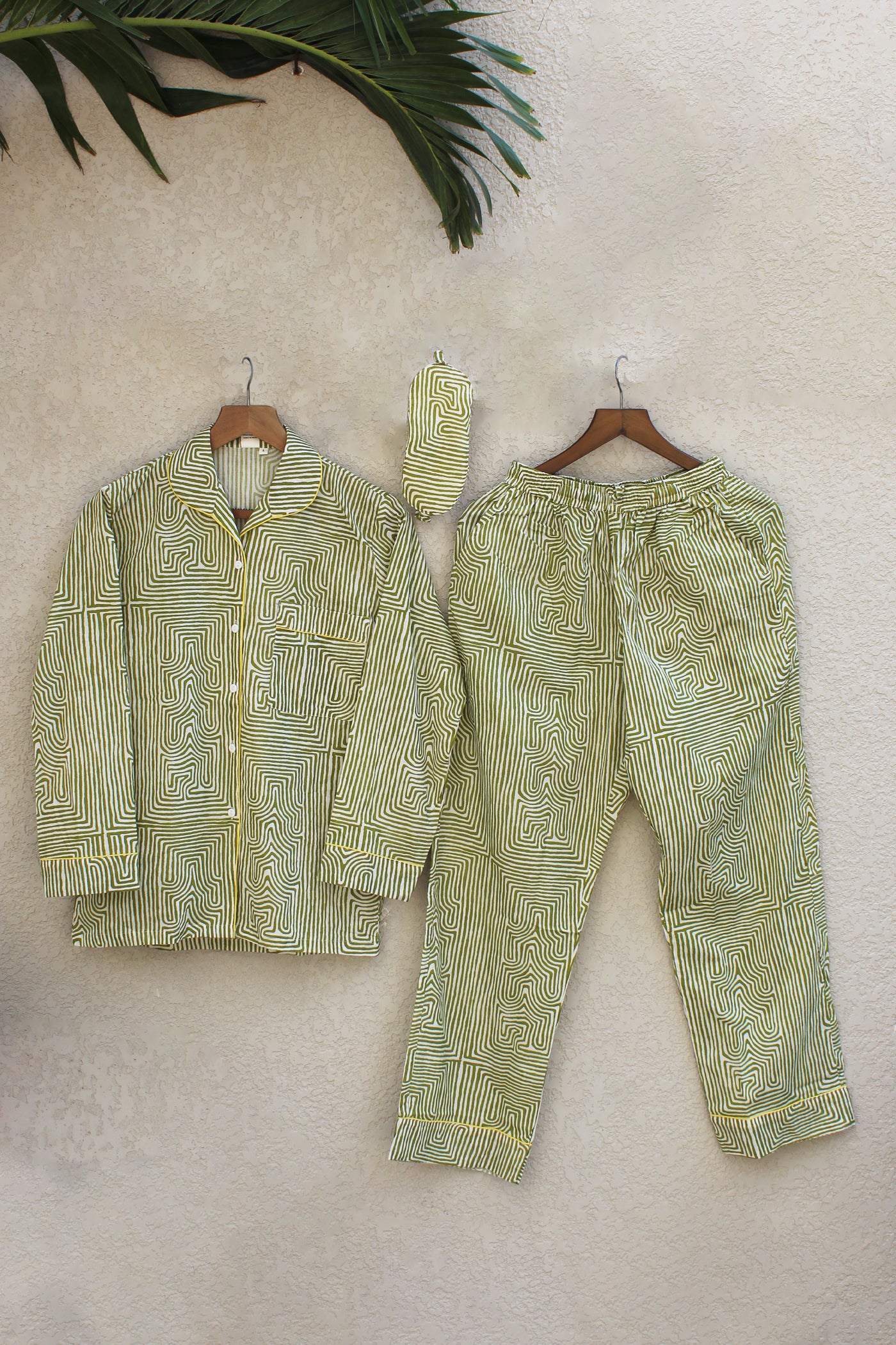 Cotton Printed Night Suit with Eye Mask in Green