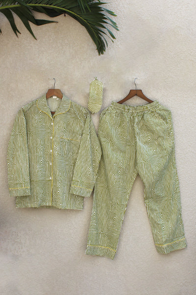 Cotton Printed Night Suit with Eye Mask in Green