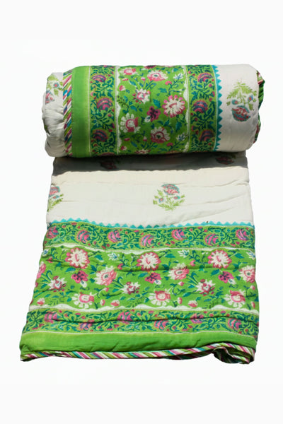 Quilt Mughal Buta Hand Block Print in Forest Green