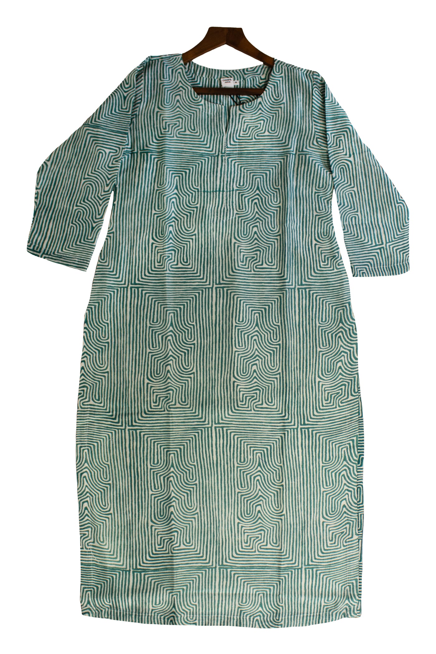 Chanderi Silk Geometric Block Print Kurta in Teal