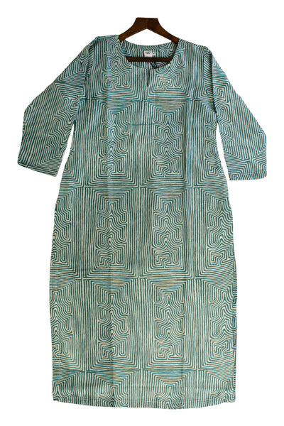 Chanderi Silk Geometric Block Print Kurta in Teal
