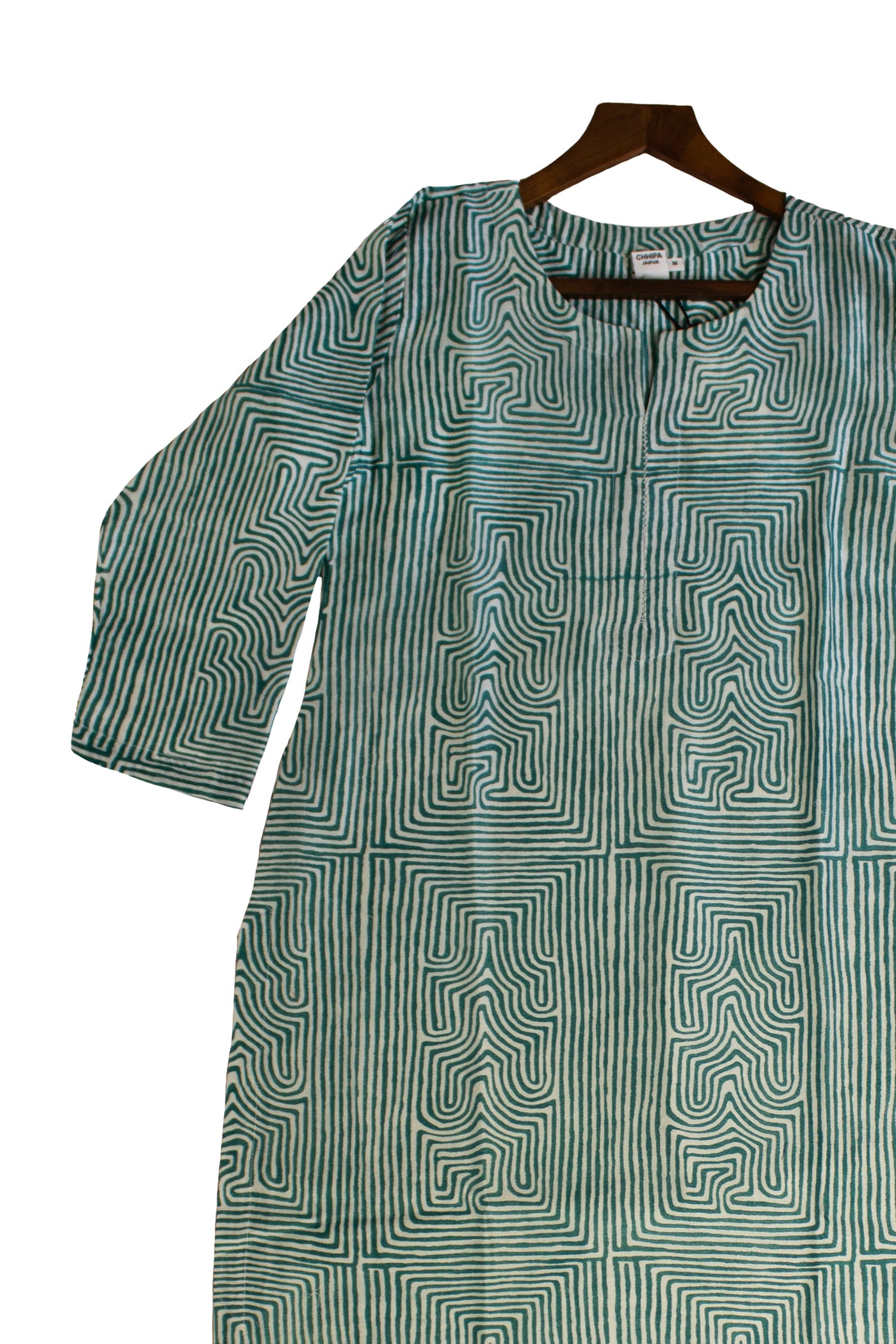 Chanderi Silk Geometric Block Print Kurta in Teal