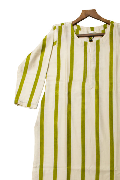 Chanderi Silk Stripe Block Print Kurta in Green