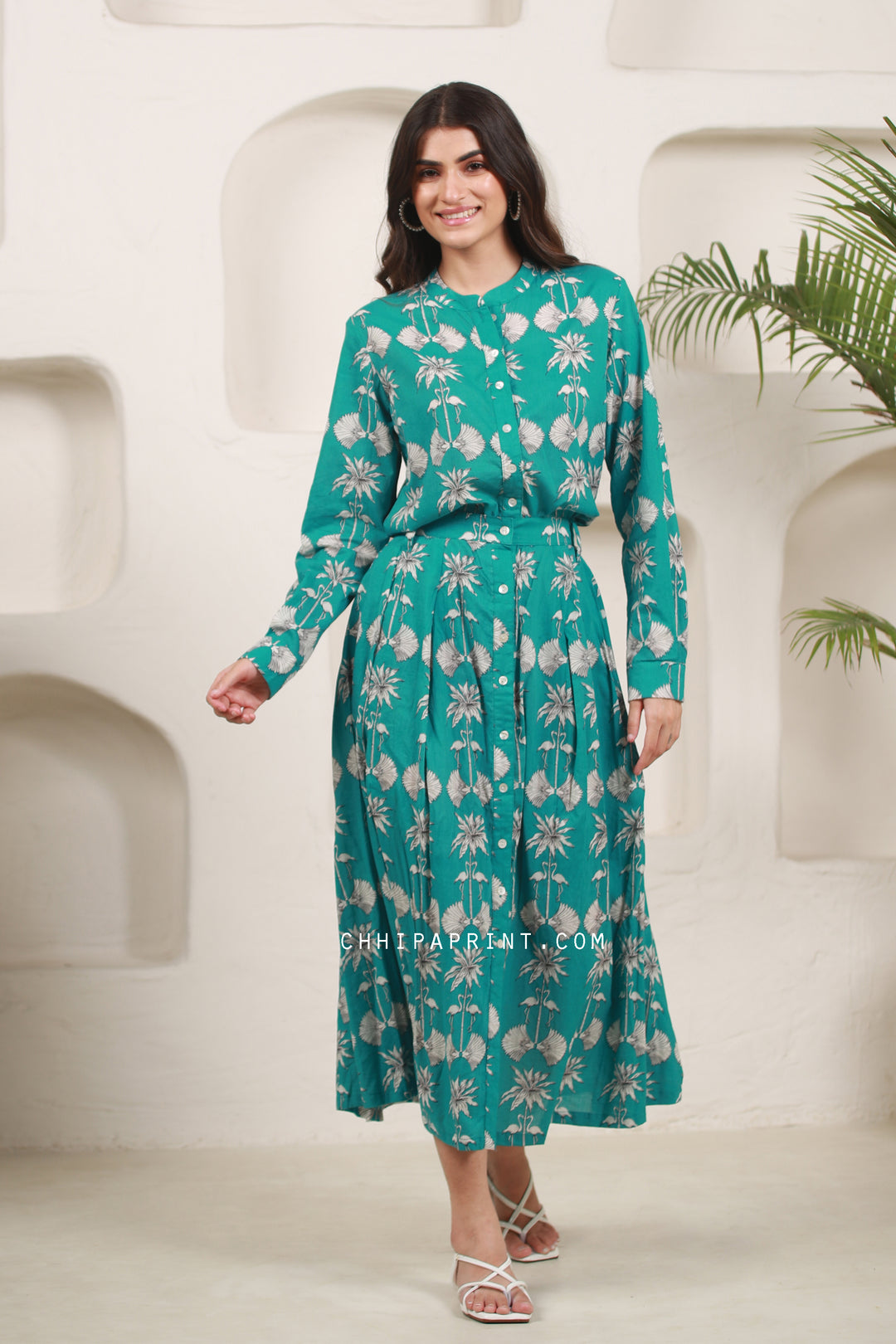 Cotton Bird Print Shirt Skirt Co Ord set in Persian Green
