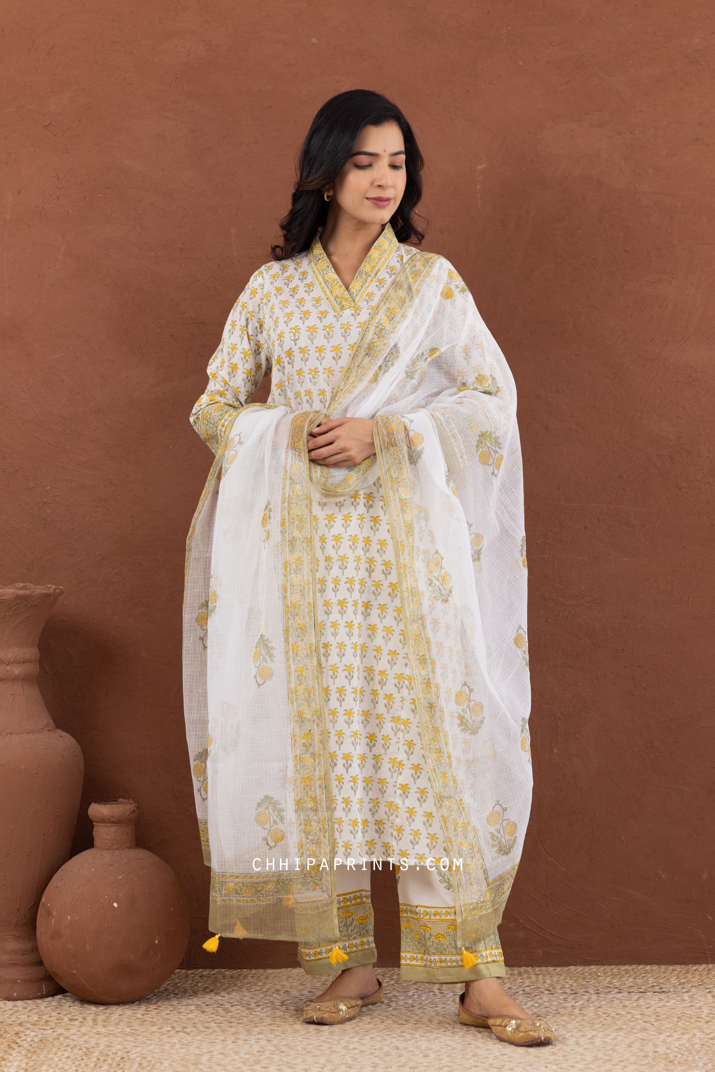 Cotton Block Print Palm Buti Kurta Set in Olive Oil