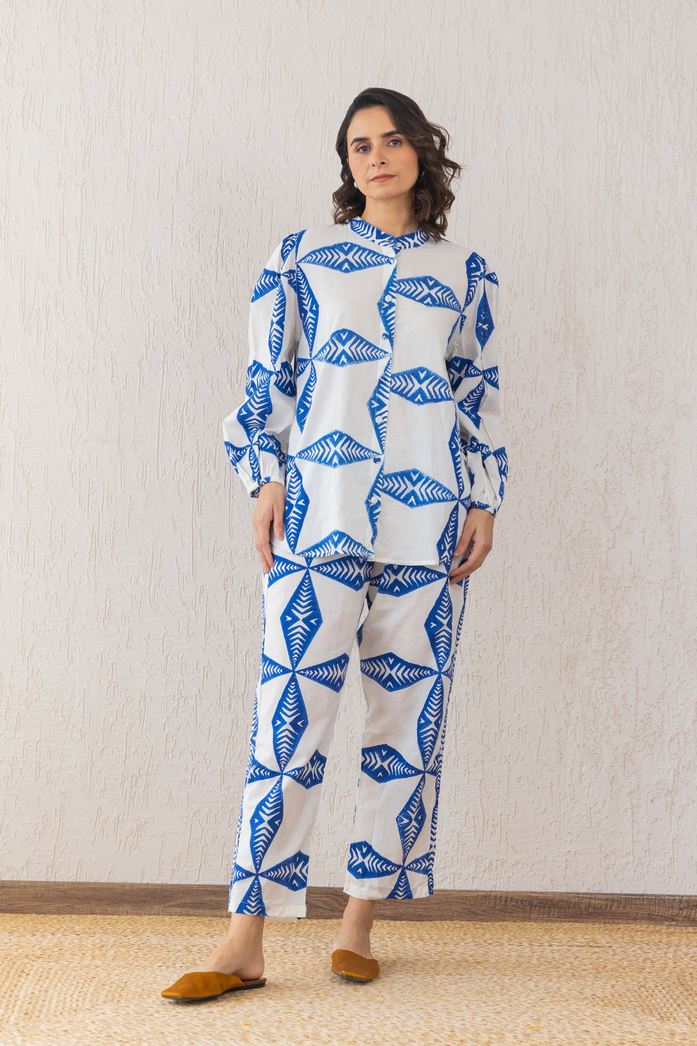 Cotton Star Block Print Relax Shirt & Pants Co Ord Set in Blue