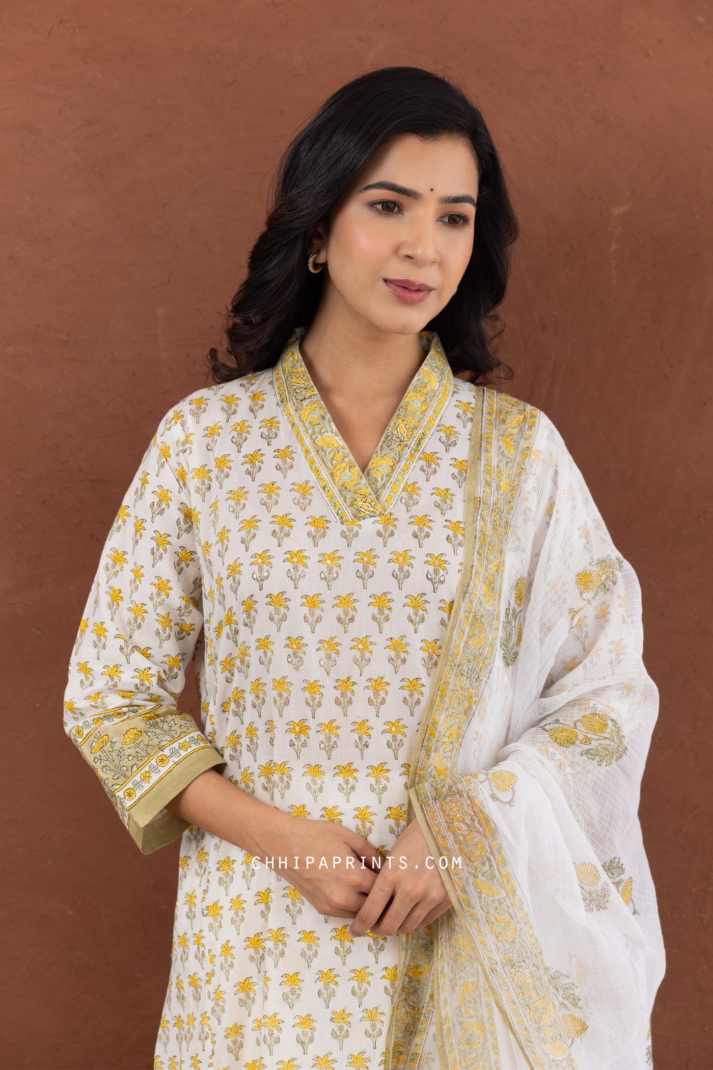 Cotton Block Print Palm Buti Kurta Set in Olive Oil