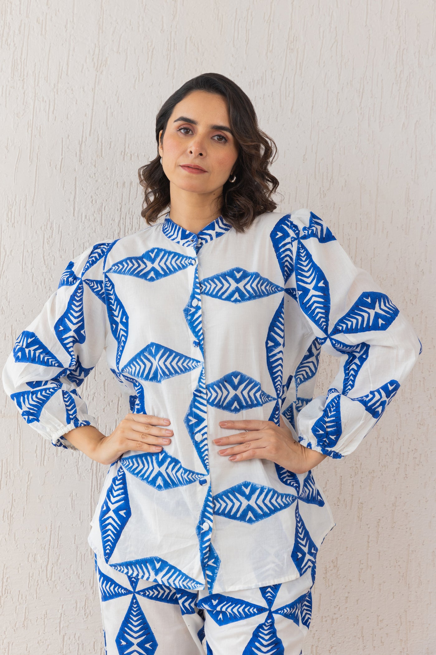 Cotton Star Block Print Relax Shirt & Pants Co Ord Set in Blue