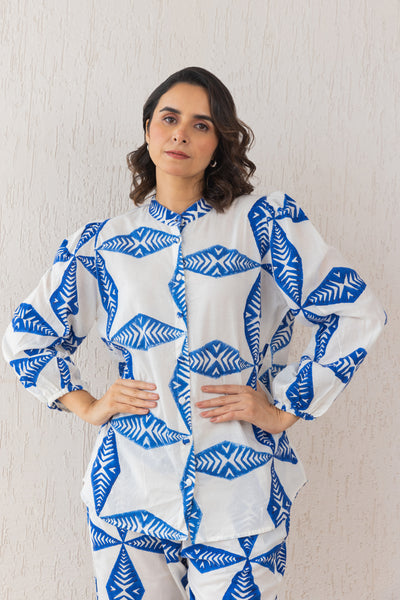 Cotton Star Block Print Relax Shirt & Pants Co Ord Set in Blue